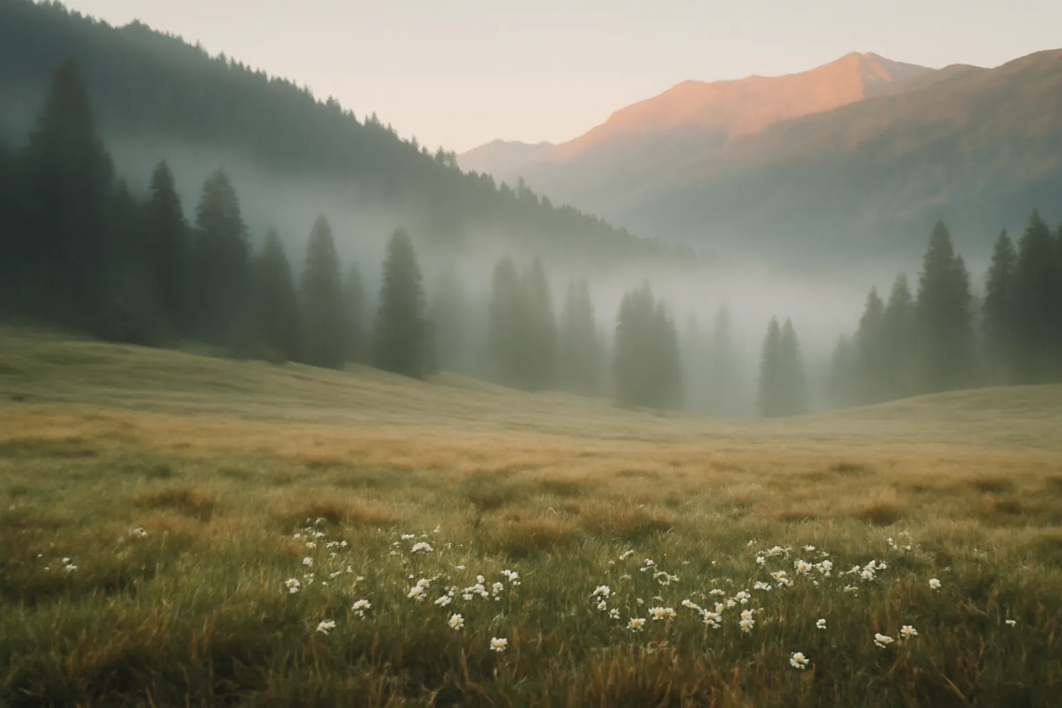 Prairie d'altitude au lever du jour, brume basse sur les conifères